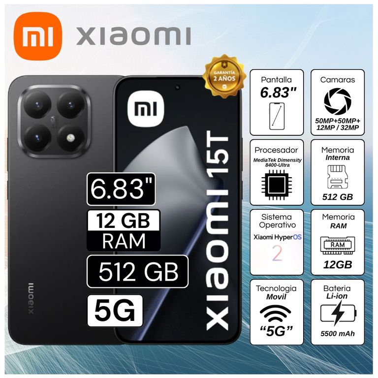 Celular 15T 6.83" Pulg. 12GB RAM 512GB HyperOS 2 - Negro
