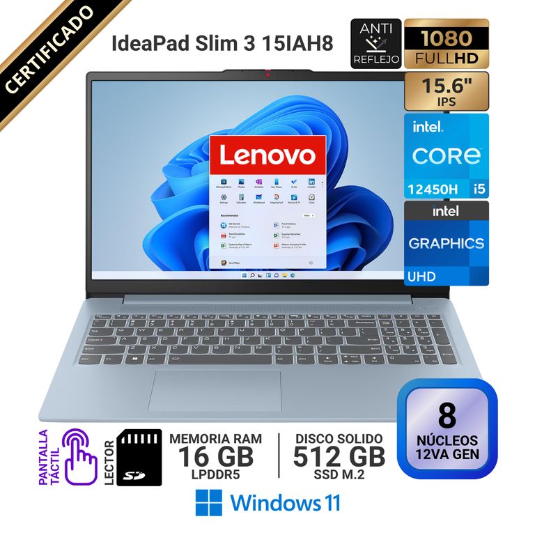 IdeaPad Slim 3 15IAH8, Táctil 15.6" FHD IPS, Core i5 12450H, RAM 16GB, SSD 512GB, Win 11 Pro