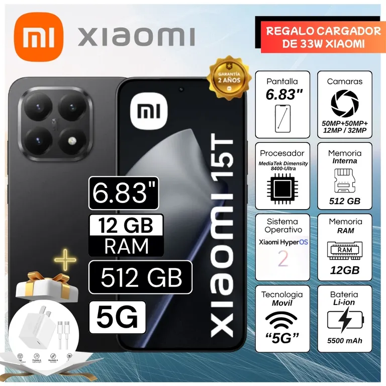 Celular 15T 6.83" Pulg. 12GB RAM 512GB HyperOS 2 - Negro