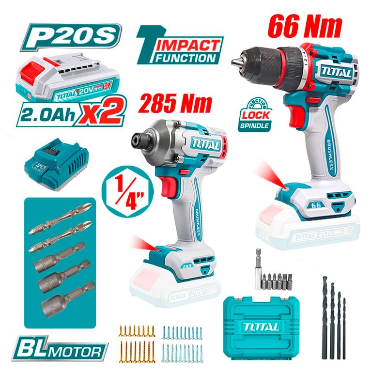 Combo TCKLI20277 Taladro Percutor 66Nm + Atornillador Impacto 285Nm 20V Brushless