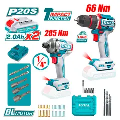 TOTAL - Combo TCKLI20277 Taladro Percutor 66Nm + Atornillador Impacto 285Nm 20V Brushless