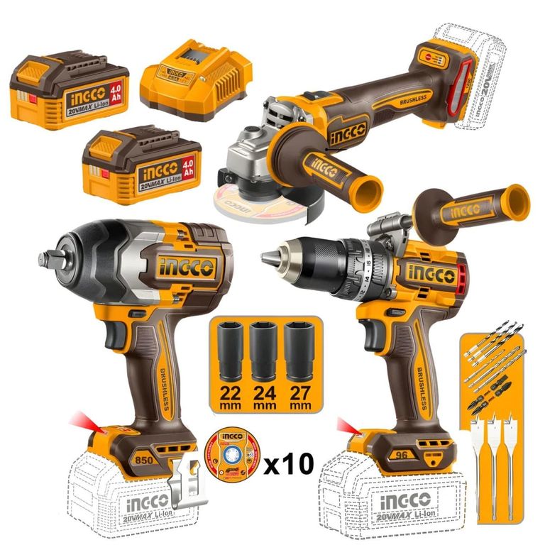 Taladro percutor 96nm + Llave de impacto 850nm + Amoladora 20v