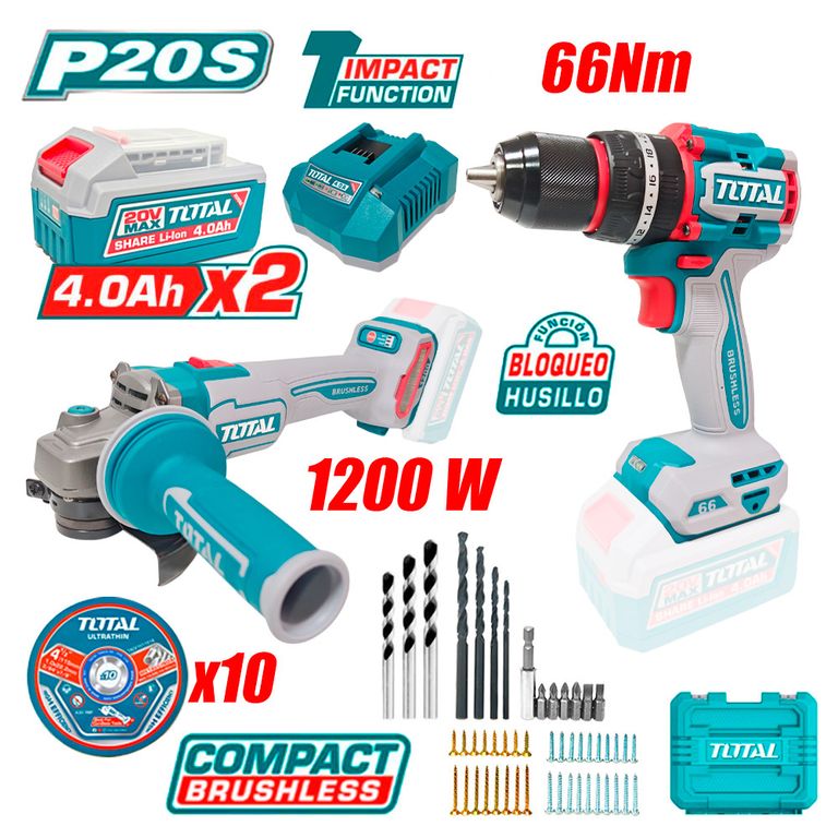 Combo TCKLI20256 Taladro Atornillador Percutor 66Nm + Amoladora 4.5″ 1200W 20V Brushless