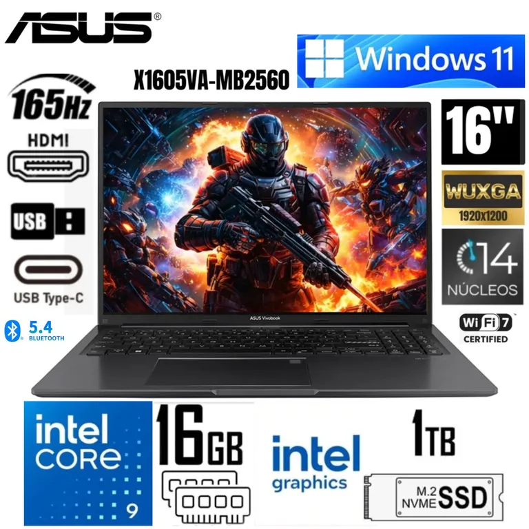 Laptop Vivobook 16 X1605VA-MB2560 16" Core 9 -270H, Ram 16GB, SSD 1 TB, Win 11