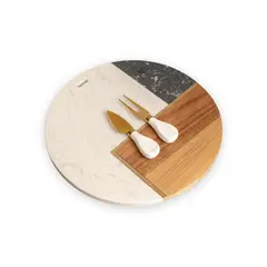 GENERICO - Tabla Redonda Premium de Quesos y Charcutería de Mármol y Acacia con Set Dorado