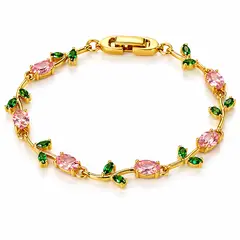 GENERICO - Pulsera Mujer Tulipán Dorada Acero Inoxidable Cristales Rosa y Verde Elegante