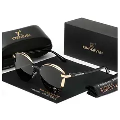 KINGSEVEN - Lentes de sol polarizado para mujer uv400 negro dorado + estuche