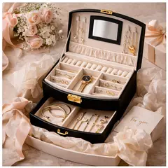 GENERICO - Joyero con llave organizador de joyas 2 niveles espejo cajón anillos aretes collares