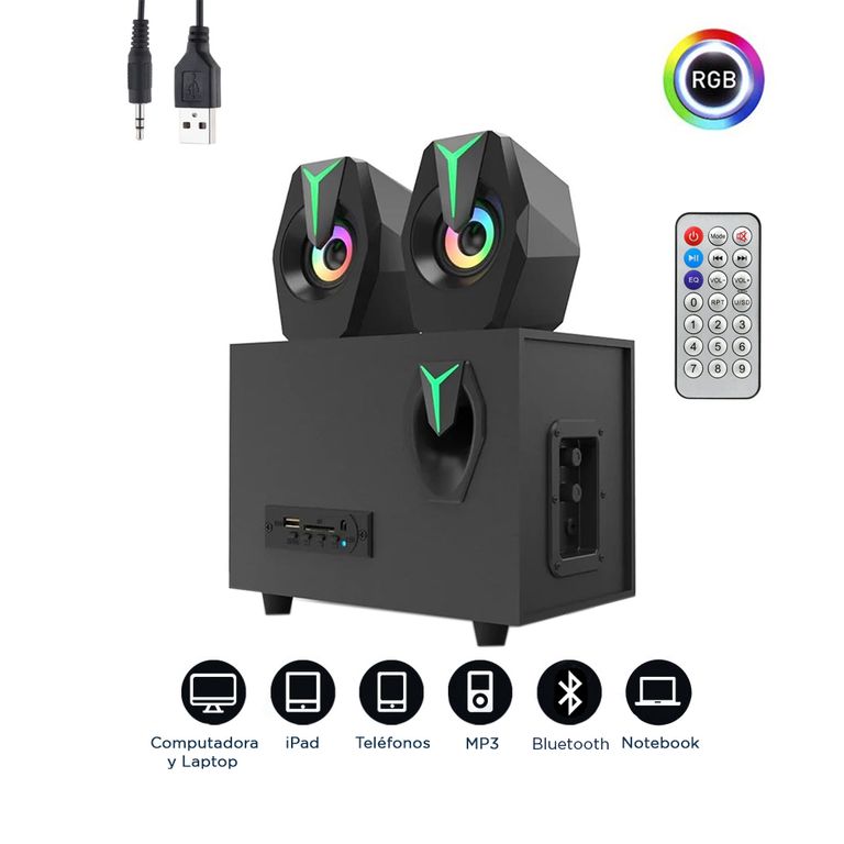 Parlante Altavoz Bluetooth con Subwoofer con Luces y Control Remoto 3W x 2 y 5W