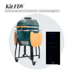 FDV - COMBO PARRILLA KAMADO TOKIO AZUL PETROL 22" + CAVA DE VINOS BLACK 12 BOTELLAS