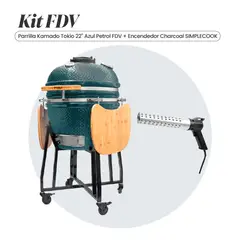 FDV - COMBO PARRILLA KAMADO TOKIO AZUL PETROL 22 + ENCENDEDOR DE CARBON CHARCOAL