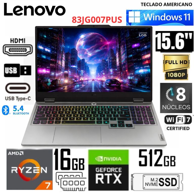 Laptop Gamer Luna Grey Ryzen 7 250 16GB RAM 512GB SSD RTX 5060 8GB 15.6" 83JG007PUS