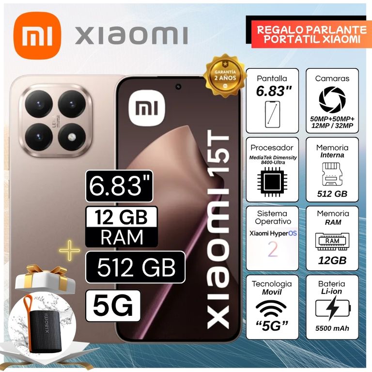Celular 15T 6.83" Pulg. 12GB RAM 512GB HyperOS 2 - Oro Rosa