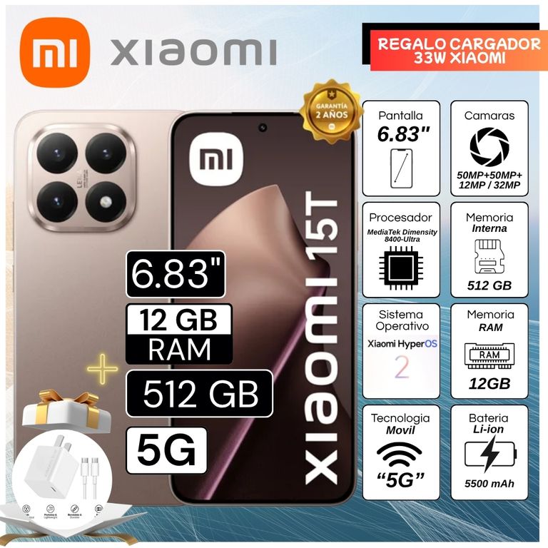 Celular 15T 6.83" Pulg. 12GB RAM 512GB HyperOS 2 - Oro Rosa
