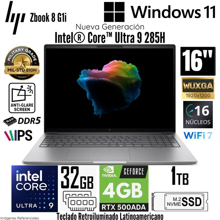 Laptop Zbook 8 G1i Intel Core Ultra 9 285H 32GB RAM 1TB SSD RTX 500 ADA-4GB 16" WUXGA