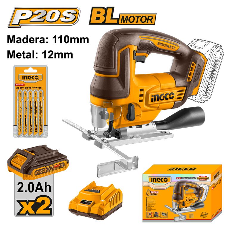 SIERRA CALADORA BRUSHLESS INGCO 20V CJSLI1008 + 2 BATERÍAS 2.0AH + 1 CARGADOR FBCPK2212