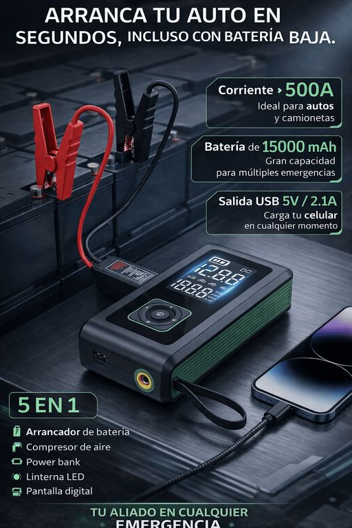 Arrancador de Batería 5 en 1 Linkmax Compresor 150 PSI Power Bank 15000 mAh y Luz LED de Emergencia