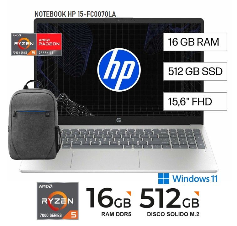 NOTEBOOK 15.6 15-FC0070LA RYZEN 5-7520U 16GB 512GB WINDOWS 11 - PLATEADO + MOCHILA PRELUDE