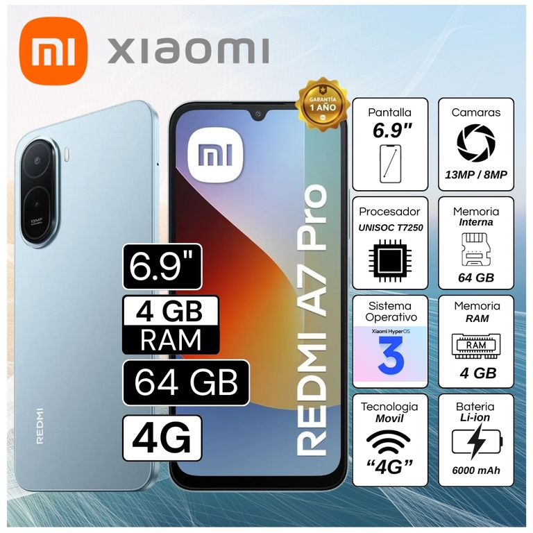 Celular Redmi A7 Pro 6.9" Pulg. 4GB RAM 64GB HyperOS 3 - Azul Niebla