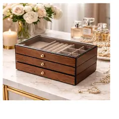 GENERICO - Joyero Organizador de madera con tapa de acrílico de 3 niveles
