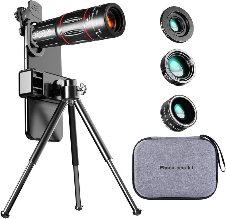 4 EN 1 lentes de cámara para teléfono celular,20x teleobjetivo y 0.63 gran angular,198°Fisheye 2X