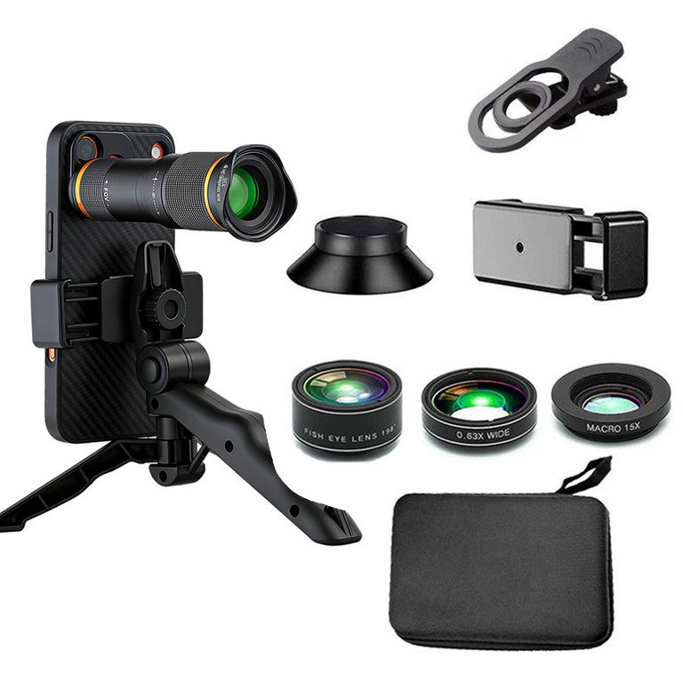 4 EN 1 lentes de cámara para teléfono celular,32x teleobjetivo y 0.63 gran angular,198°Fisheye 2X