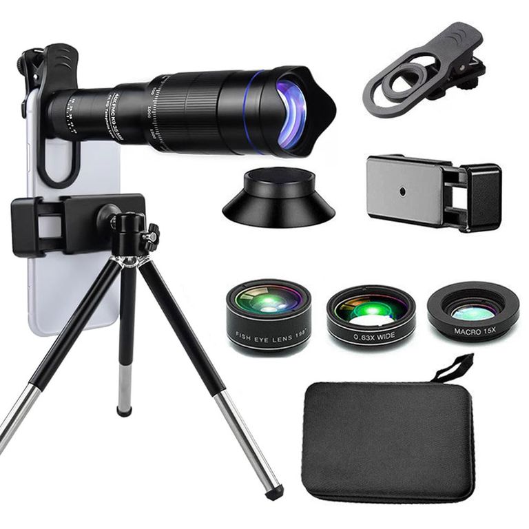 4 EN 1 lentes de cámara para teléfono celular,40x teleobjetivo y 0.63 gran angular,198°Fisheye 2X