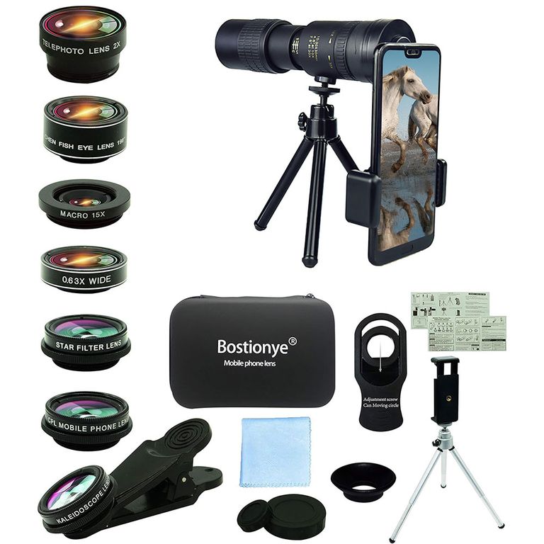 8 EN 1 lentes de cámara para teléfono celular,300-40mm teleobjetivo y 0.63 gran angular,198°Fisheye