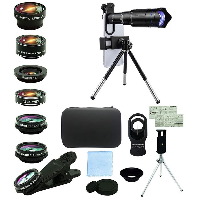 8 EN 1 lentes de cámara para teléfono celular,40X teleobjetivo y 0.63 gran angular,198°Fisheye