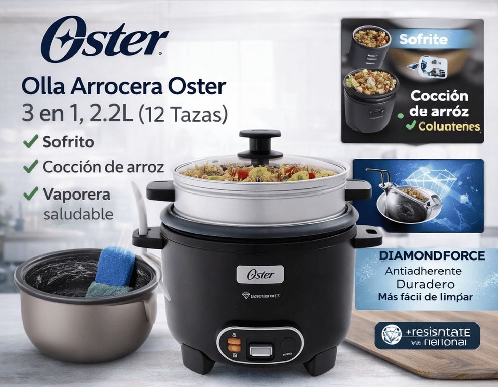 Olla Arrocera 3 en 1 2.2L (12 Tazas) con Sofrito y Vaporera Antiadherente DiamondForce CKSTRC12DFBLK