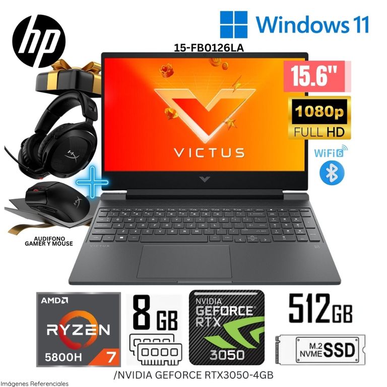 Laptop Victus Gaming 15-FB0126LA AMD Ryzen 7-5800H 8GB RAM 512GB SSD 156 FHD RTX3050-4GB+Regalo