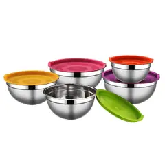 GENERICO - Set de Bowl 5 Piezas de Acero Inoxidable con Tapas de Colores
