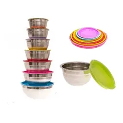 GENERICO - Set de Bowl 7 Piezas de Acero Inoxidable con Tapas de Colores