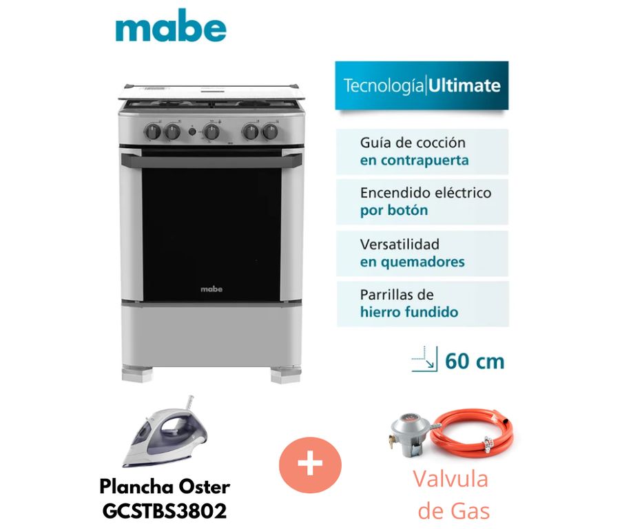 Cocina de pie 4 Hornillas a Gas CMP6010FG1 Silver + Valvula para gas + Plancha Oster