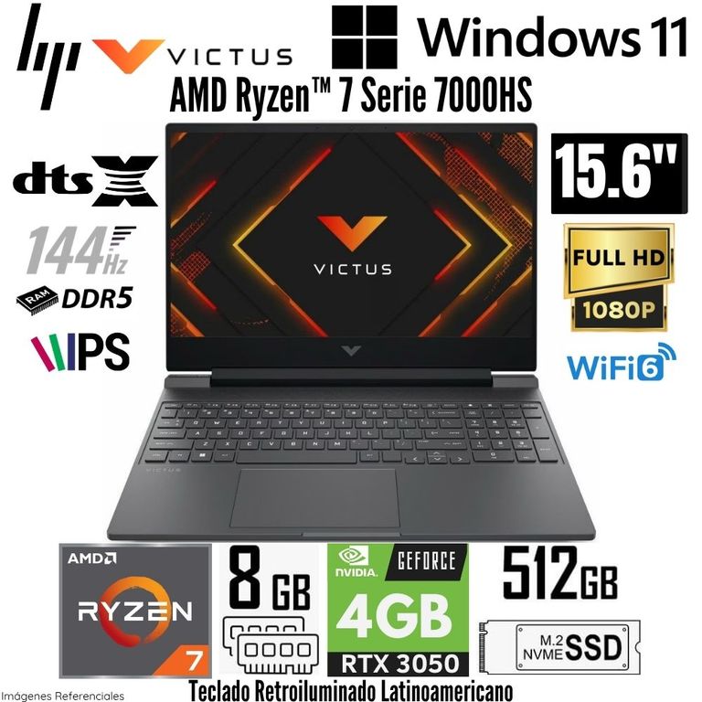 Laptop Victus 15-FB3018LA AMD Ryzen 7 7445H 8GB RAM 512GB SSD RTX 3050-4GB 15.6" FHD - 144Hz