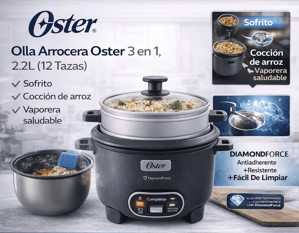 Olla Arrocera 3 en 1 2.2L (12 Tazas) con Sofrito y Vaporera Antiadherente DiamondForce CKSTRC12DFSKE