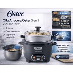 OSTER - Olla Arrocera 3 en 1 2.2L (12 Tazas) con Sofrito y Vaporera Antiadherente DiamondForce CKSTRC12DFSKE