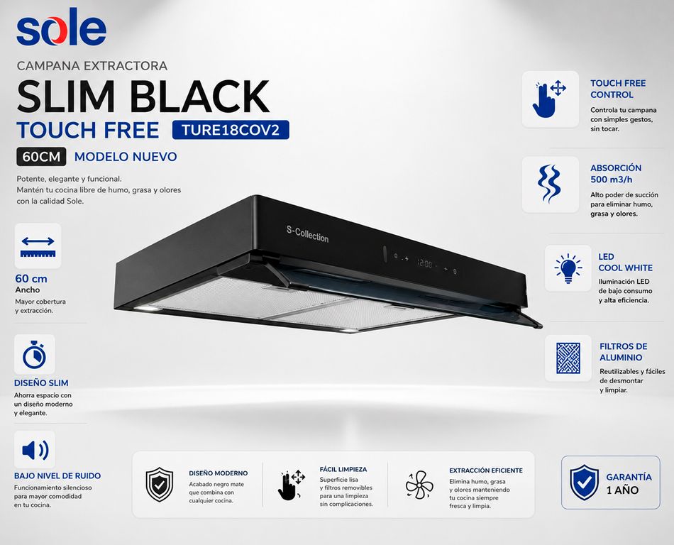Campana Extractora Slim Black Touch Free S-Collection 60cm TURE18COV2