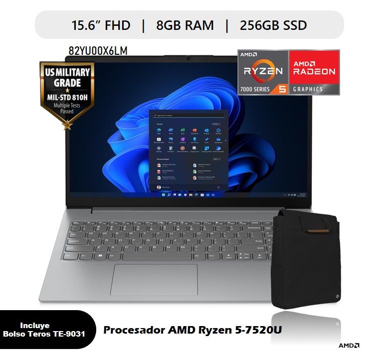 NOTEBOOK 82YU00X6LM 15.6 FHD RYZEN 5-7520U 8GB 256GB FREEDOS - ARCTIC GREY + BOLSO TEROS