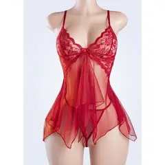 GENERICO - BABYDOLL SEXY CON ENCAJE ROJO + TANGA - LENCERIA / TALLA S/M
