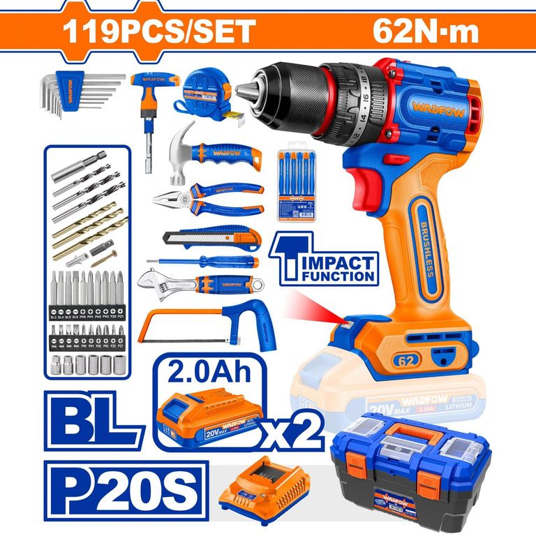 Taladro Percutor 20V 62Nm + Set 119 Herramientas con 2 Baterías WADFOW-WDT4B119