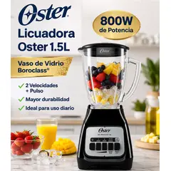 OSTER - Licuadora 1.5L BLSTKAG-BPB Vaso de Vidrio Boroclass 2 Velocidades + Pulso 800W Negra