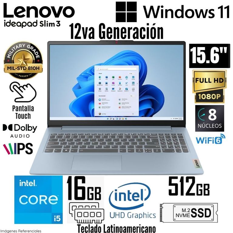 Laptop IdeaPad Slim 3 15IAH8 Intel Core i5-12450H 16GB RAM 512GB SSD 15.6" FHD Táctil