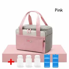 BABY - Bolso de Lactancia Térmico Cooler Bag rosada + 2 Refrigerantes + 3 Frascos Almacenamiento Portátil