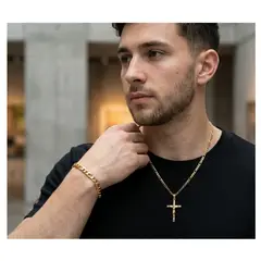 OEM - Collar Hombre Crucifijo Mediano + Pulsera Tipo Cartir Acero Inoxidable