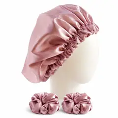 GENERICO - Set de Gorro de Satén + 2 Scrunchies MALVA