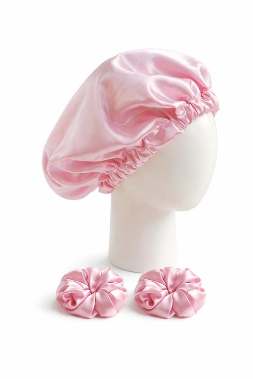 Set de Gorro de Satén Por Ambos Lados + 2 Scrunchies Rosa BB