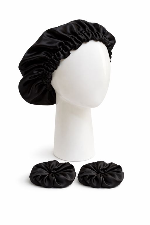 Set de Gorro de Satén Por A MBOS Lados+ 2 Scrunchies NEGRO