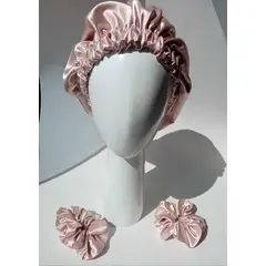 GENERICO - Set de Gorro de Satén Por A MBOS Lados+ 2 Scrunchies NUDE