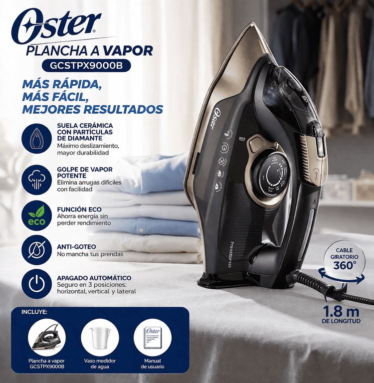 Plancha a Vapor GCSTPX9000B Suela Cerámica con Partículas de Diamante Antiadherente